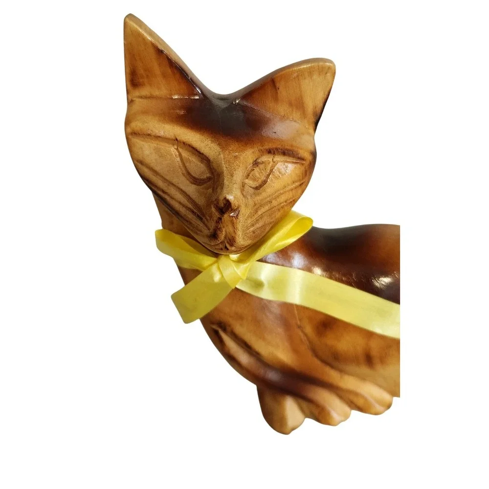 Vintage Mid Century Two-tone Hand-carved Wooden Siamese Cat Figurine Statue‎ MCM